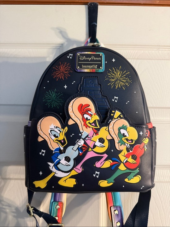 Loungefly Handbags - Loungefly Black Mariachi Three Caballeros Mini Backpack with Rainbow Straps